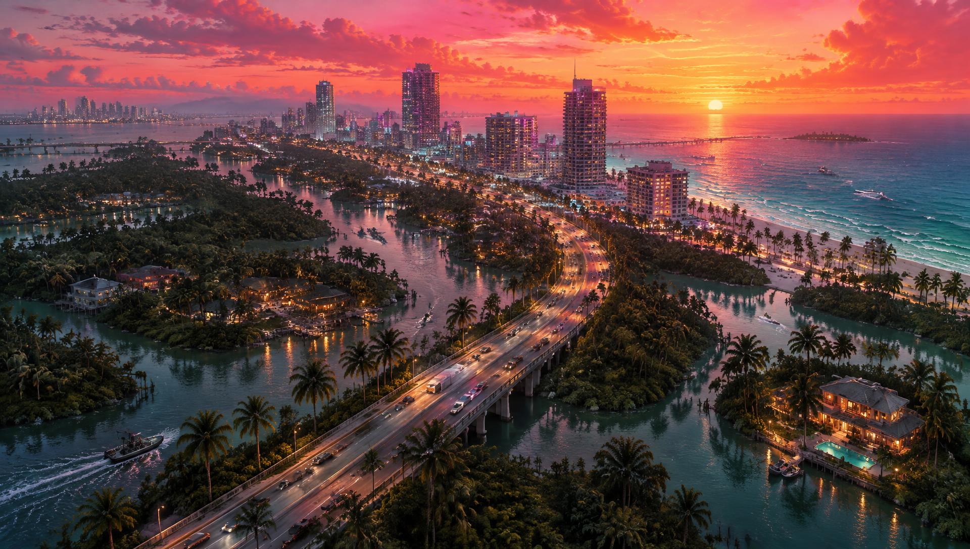 Neon sunset over a Florida-style coastal city