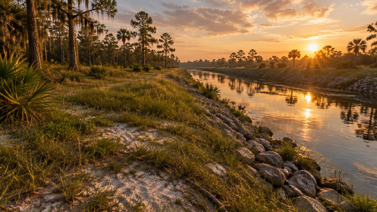 Canal bank at sunset — rock fades in on the slope